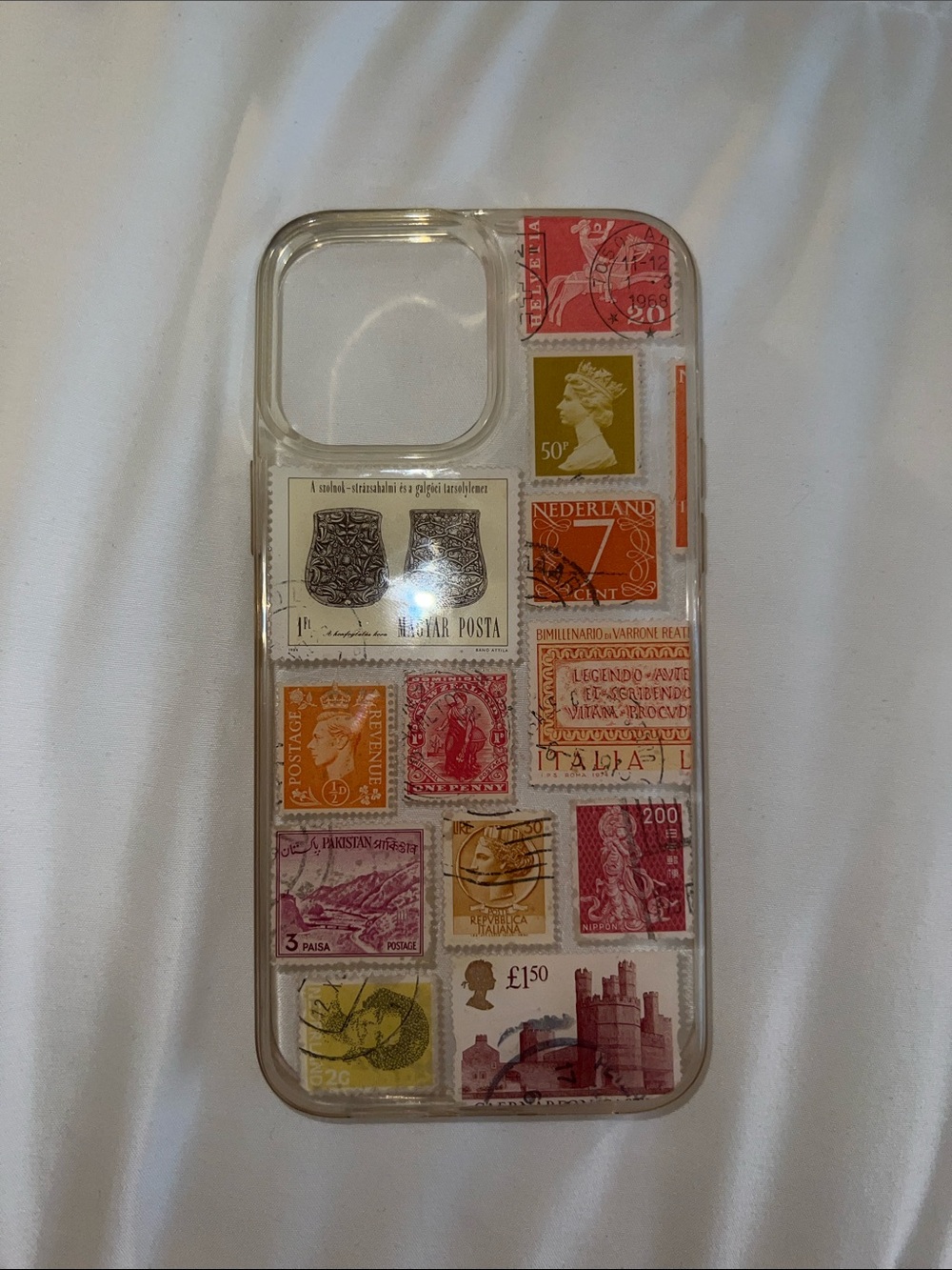 Clear Vintage Stamp Print Phone Case - Orange/Red Accents